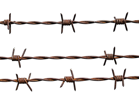 Close-up view of three rusty, weathered strands of sharp barbed wire