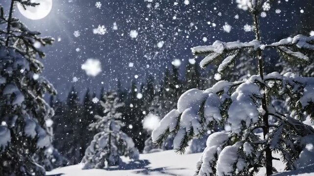 A beautiful loopable abstract winter snow background with falling snowflakes and floating blurry glitter particles lights, cinematic depth of field, dreamy cold tone