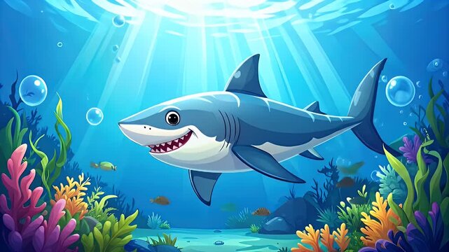 Cartoon Sharks Swimming in the Ocean, Underwater with Coral Reefs and Bubbles