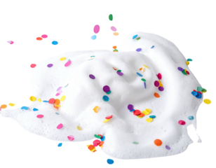 White, foamy texture with scattered colorful sprinkles, against a transparent background