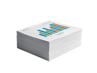 Stack of papers with colorful bar charts and graphs, isolated on transparent background