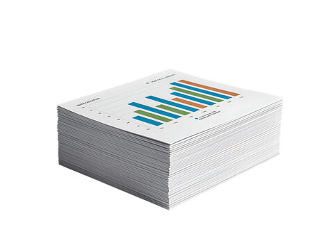 Stack of papers with colorful bar charts and graphs, isolated on transparent background