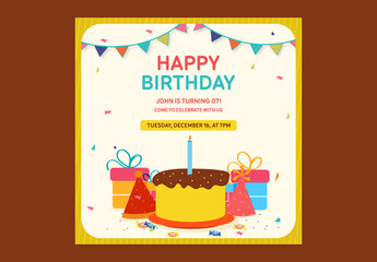 Editable Happy Birthday Party Invitation, Social Media Post in Colorful Design.