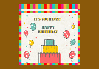 Editable Happy Birthday Greeting Card Template with Colorful Cake and Balloons on Colorful Background for Social Media Post.