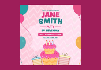 Editable Happy Birthday Party Invitation, Social Media Post in Pink Theme Design.