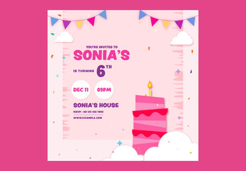 Editable Birthday Party Invitation, Social Media Post with 3-Layered Cake in Pink Theme Design.