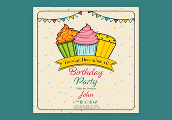 Editable Happy Birthday Party Invitation, Social Media Post with Cupcakes in Colorful Design.