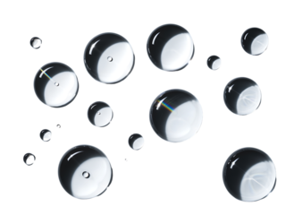 Macro photography of water droplets on a transparent background, showing reflections and transparency