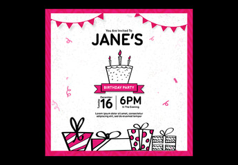 Editable Birthday Party Invitation, Social Media Post in White and Pink Theme Design.