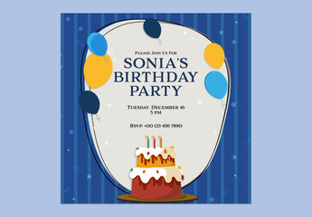 Editable Birthday Party Invitation, Social Media Post in Blue and Grey Theme Design.