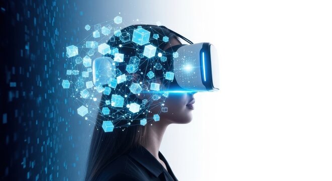Virtual reality experience with a woman using a headset in a futuristic setting showcasing digital elements