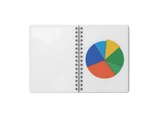 A colorful pie chart displayed on the right page of an open notebook, isolated on transparent background
