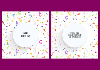 Editable Happy Birthday Greeting Card Templates with Colorful Confetti Background for Social Media Post.