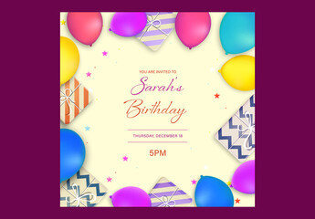 Editable Birthday Party Invitation, Social Media Post with Colorful Balloons and Gift Boxes on Yellow Background.