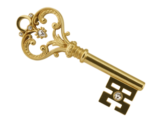 Ornate antique golden key with gemstones isolated on transparent background