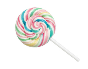 Colorful Swirl Lollipop on White Stick Against Black Background Isolated Studio Shot