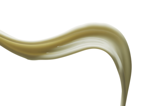 A smooth, golden liquid splashes and curves elegantly against a pure transparent background, creating a dynamic abstract shape