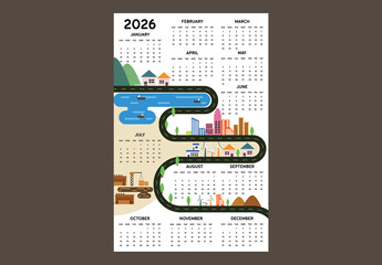 Editable Tabloid Size 2026 Yearly Wall Calendar Template with Ecology Inforgaphics or Environment Infographics Design.