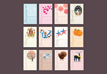 Editable 2026 Tabloid Size Calendar Template Set with Monthly Festival and Seasonal Event Illustrations in Colorful Design.