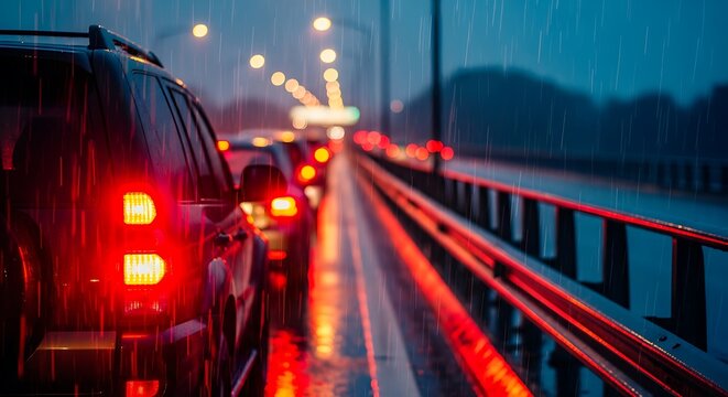 Urban Commute Blues: Traffic Jam in Heavy Rain at Night - Capturing the Stress and Challenges of Modern City Living, Perfect for News, Blogs, and Social Media Content - Powered by Adobe