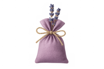 Purple linen sachet bag filled with dried lavender flowers, tied with a natural burlap string, symbolizing freshness and peace