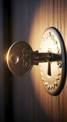 A close-up view of a silver key inserted into a circular lock on a wooden door, illuminated by warm lighting to highlight the metallic surface and texture