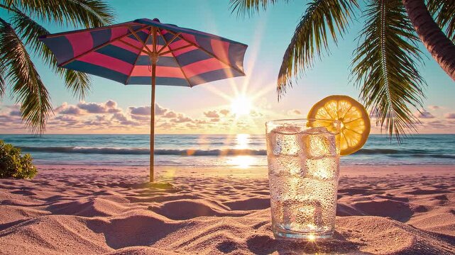 Tropical Beach Sunset with Palm Trees, Beach Umbrella and a Refreshing Drink photo