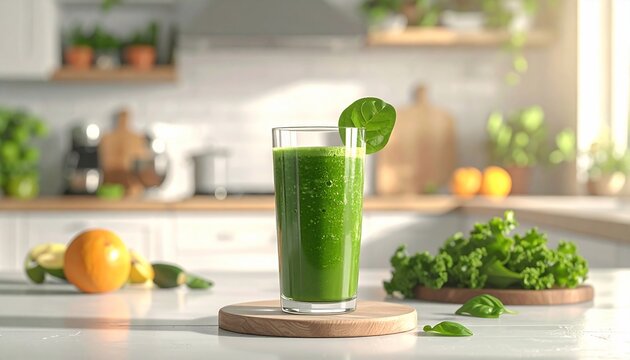 Fresh green smoothie in a glass with with kale, spinach, basil, and healthy lifestyle. - Powered by Adobe