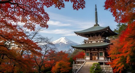Fototapeta premium Traditional Japanese temple surrounded by maple leaves, Mount Fuji in distance, calm blue sky, travel stock photo aesthetic