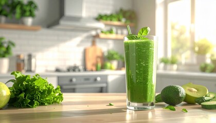 Fresh Green Smoothie in Kitchen Healthy Drink with Lifestyle, Food, Detox, and Nutrition.