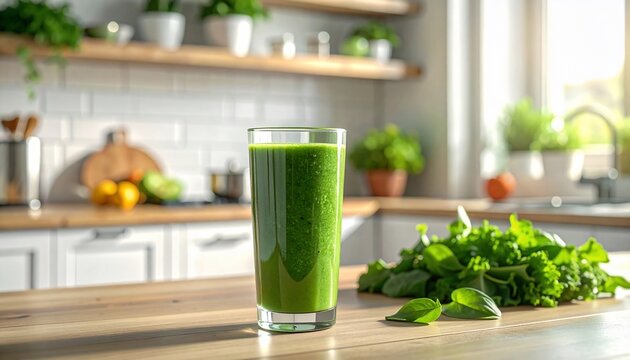 Fresh Green Smoothie in Kitchen Healthy Eating with Wellness, and Lifestyle Concept. - Powered by Adobe