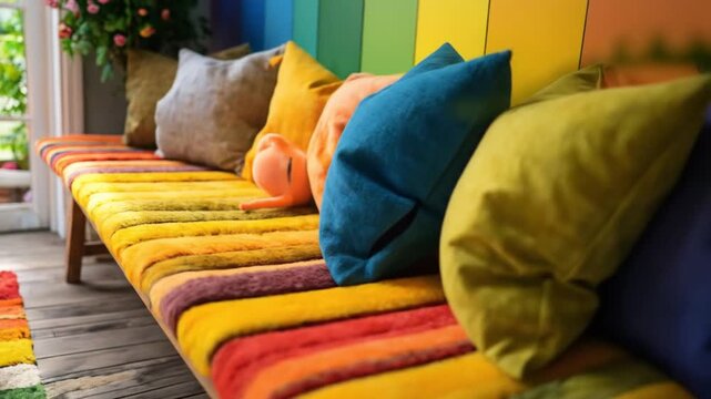 A vibrant interior featuring a colorful bench, pillows, and a matching rug with natural light