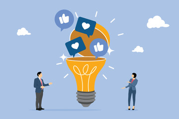 Social media communication. Open lightbulb to see Social media positive and negative feedback vision. Flat vector illustration.