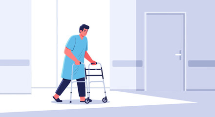 Hospital Patient Slowly Walking With A Walker During The Recovery Process