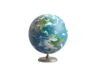 Detailed 3D Render Of A Globe On A Silver Stand Displaying Continents And Oceans With Clouds In A Soft Light Studio Environment Isolated On A Black Background