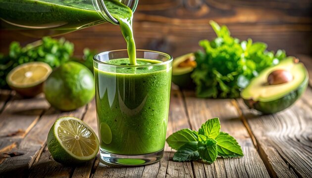Fresh Green Smoothie Poured into Glass with Healthy Breakfast on Rustic Wood Table.