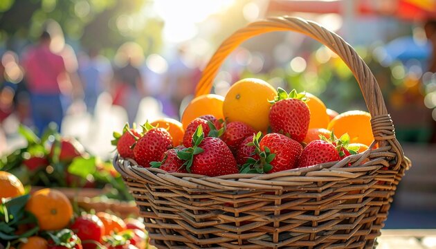 Fresh strawberries and oranges in a woven basket at farmers market with sunny day.