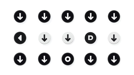 Collection of black and white user interface icons featuring various directional arrows and letters on round buttons, isolated on a clean background.