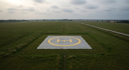 Aerial view of a concrete helipad marked with a yellow 'H' surrounded by grass and fields