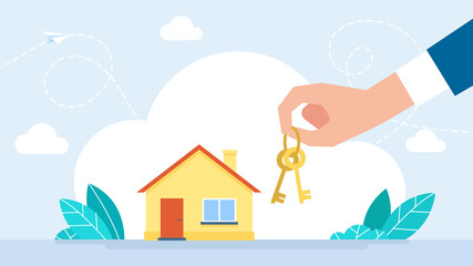 Fototapeta premium Realtor selling property concept. Buy house or apartment. Mortgage, debt and rent. Hand holds keys. Real estate theme, buying, selling, protection, security, property insurance. Flat illustration