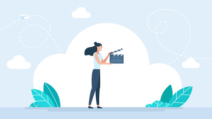 Woman holding a take board. Ready for action. Filmmaking in motion. Woman holds a film clapperboard. Director with clapperboard. Making films clips for cinema production industry. Flat illustration