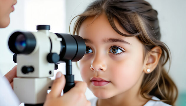 Young girl undergoing eye exam with optical equipment indoors  