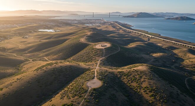 Aerial view of rolling hills with a distant bridge over a bay on a sunny day