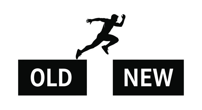Runner leaps from OLD to NEW, symbolizing progress and innovation