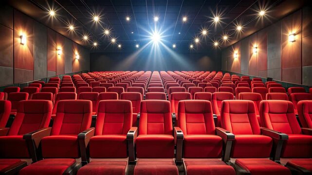 Rows of plush red seats in a darkened theater illuminated by stage lights, conveying anticipation and a cinematic experience