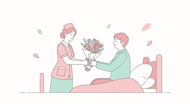 Kind Nurse Gifts Beautiful Bouquet To Patient In Hospital Bed For Get Well Soon