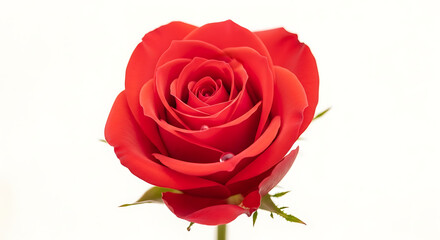 A close up shot of a vibrant red rose with water droplets against a bright white background
