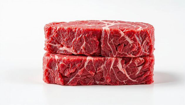 Two stacked raw beef steaks on white background showing fresh red meat texture and marbling detail for food industry, butcher shop, cooking ingredient, and nutrition concept
