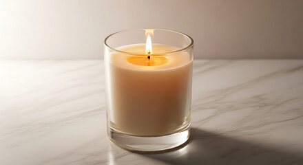 A lit candle in a clear glass jar sits on a marble surface with a soft light in the background