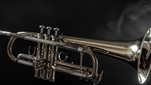 A shiny silver trumpet is pictured against a dark background, its valves and bell gleaming
